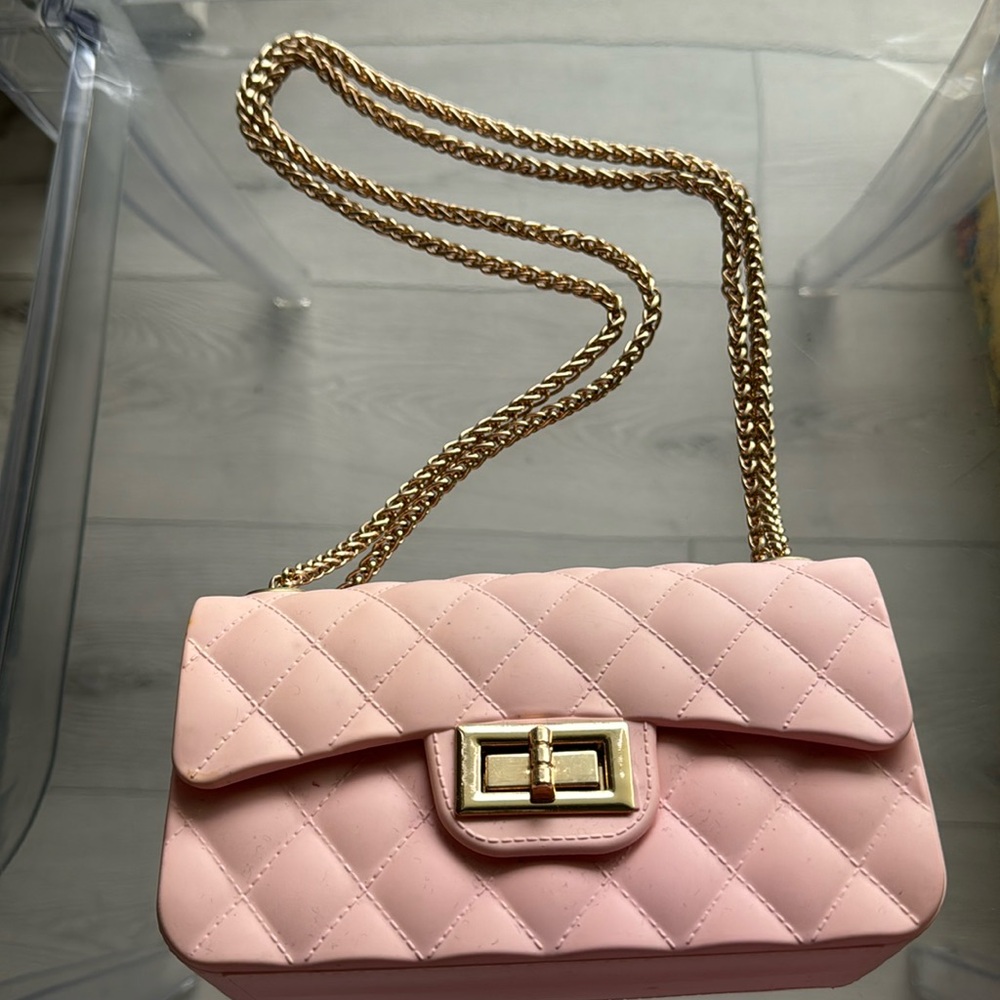 Quilted Pink Jelly Purse with Gold Chain Strap